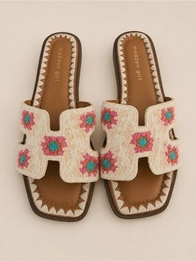 Madden Girl Cream Crochet Slide Sandals with Pink & Teal Flower Accents